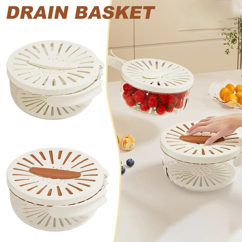 Fruit Drain Basket With Lid Vegetable Washing Bowl Foldable Handle Cleaning Colander Plastic Refrigerator Crisper Kitchen Box Kitchen Gadgets